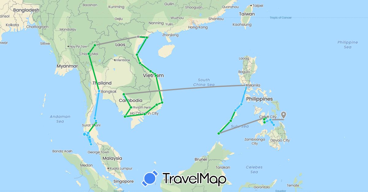 TravelMap itinerary: driving, bus, plane, boat in Cambodia, Philippines, Thailand, Vietnam (Asia)